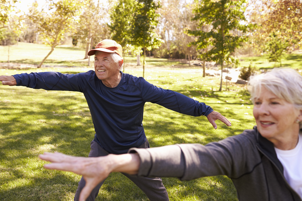 Residents of the Madison Heights senior apartments practice Tai Chi in the park