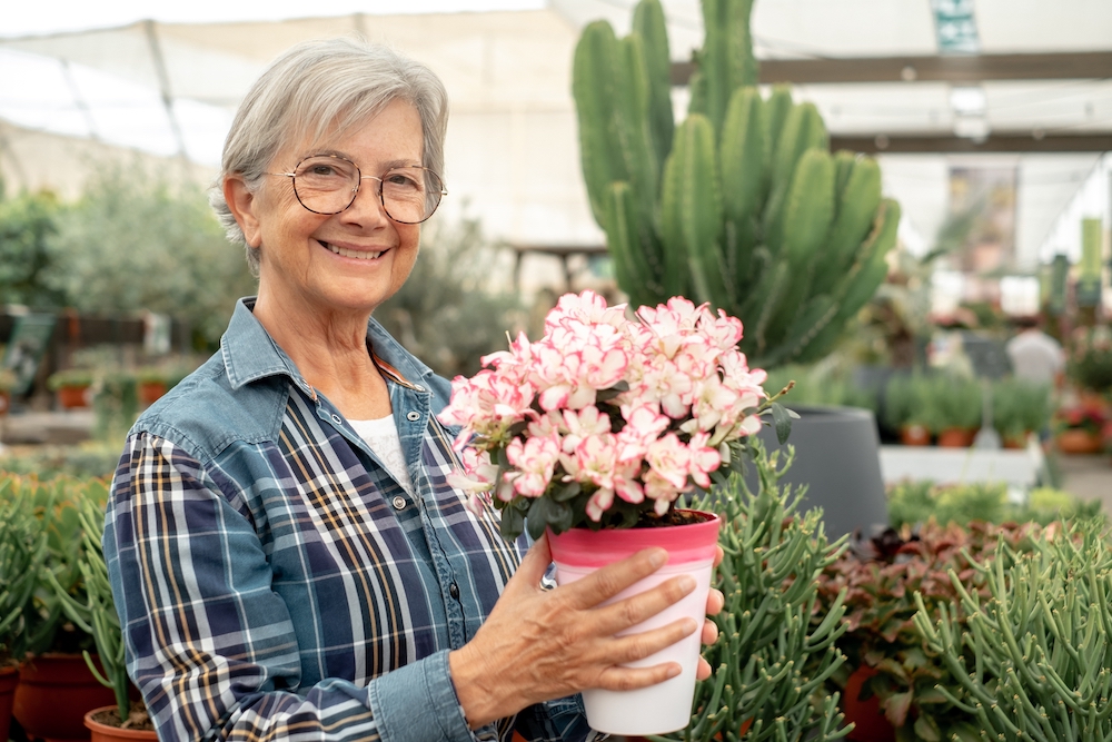 A happy senior woman purchasing flowers while visiting a greenhouse